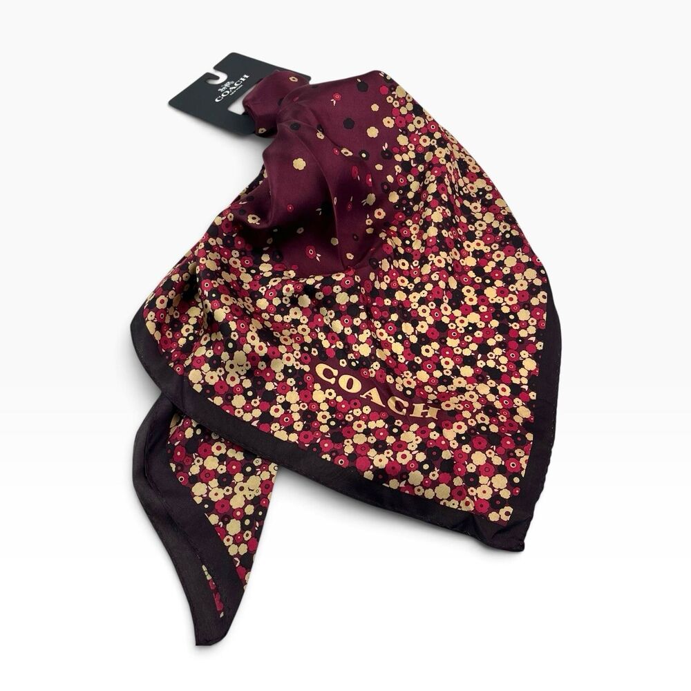 COACH Tea Rose Print Silk Scarf 35x35 Burgundy Floral Logo Old Money Preppy NWT